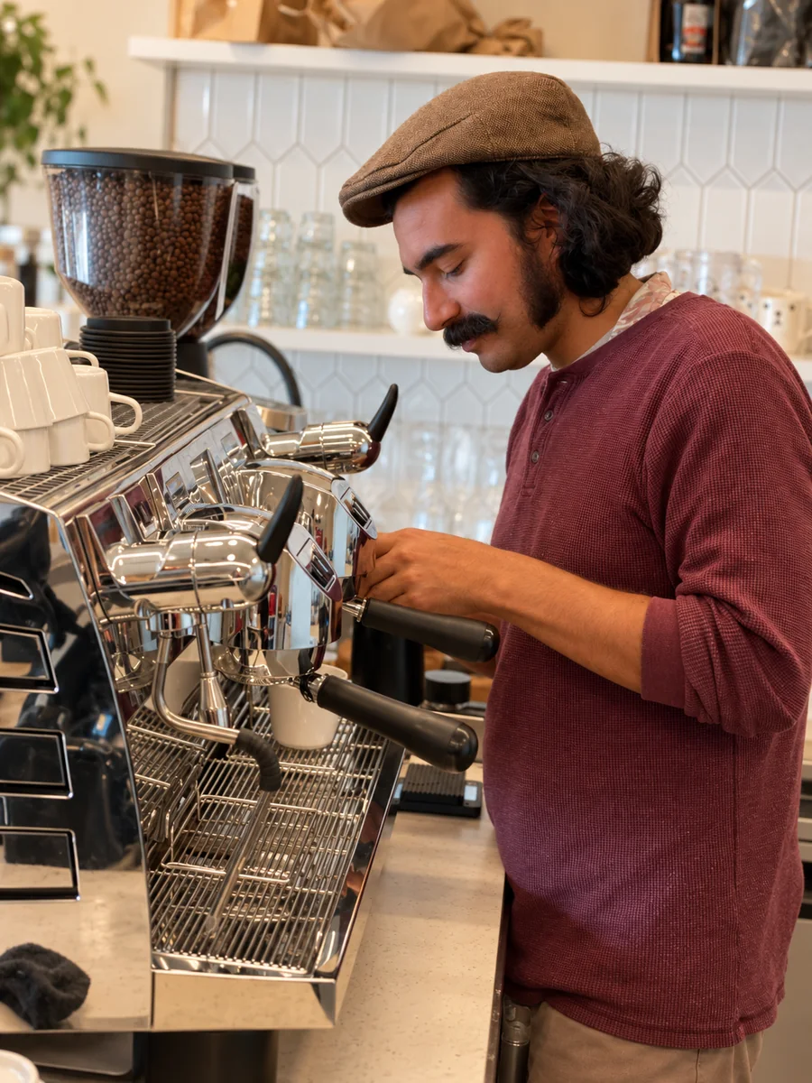 A barista preparing coffee at the espresso machine