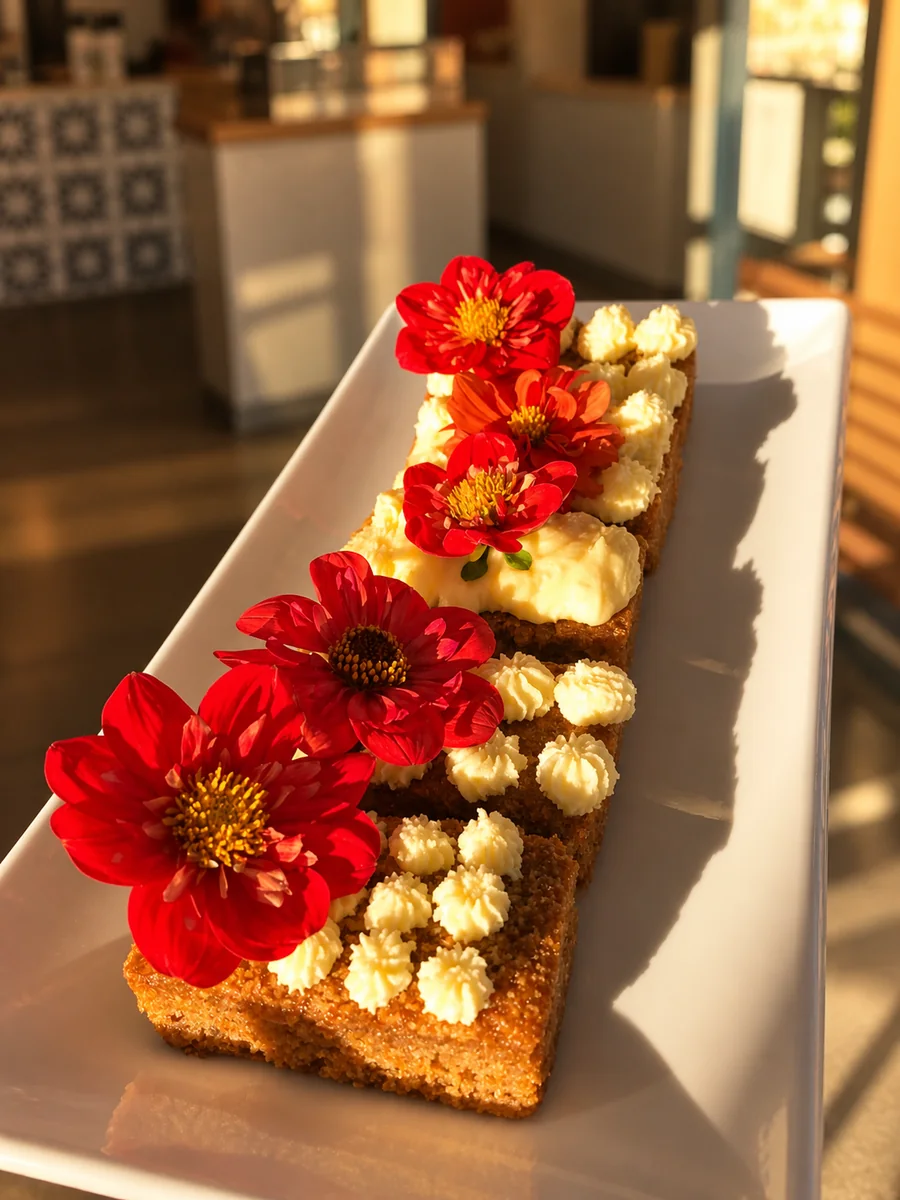 A flower-topped sweet slice in warm afternoon light