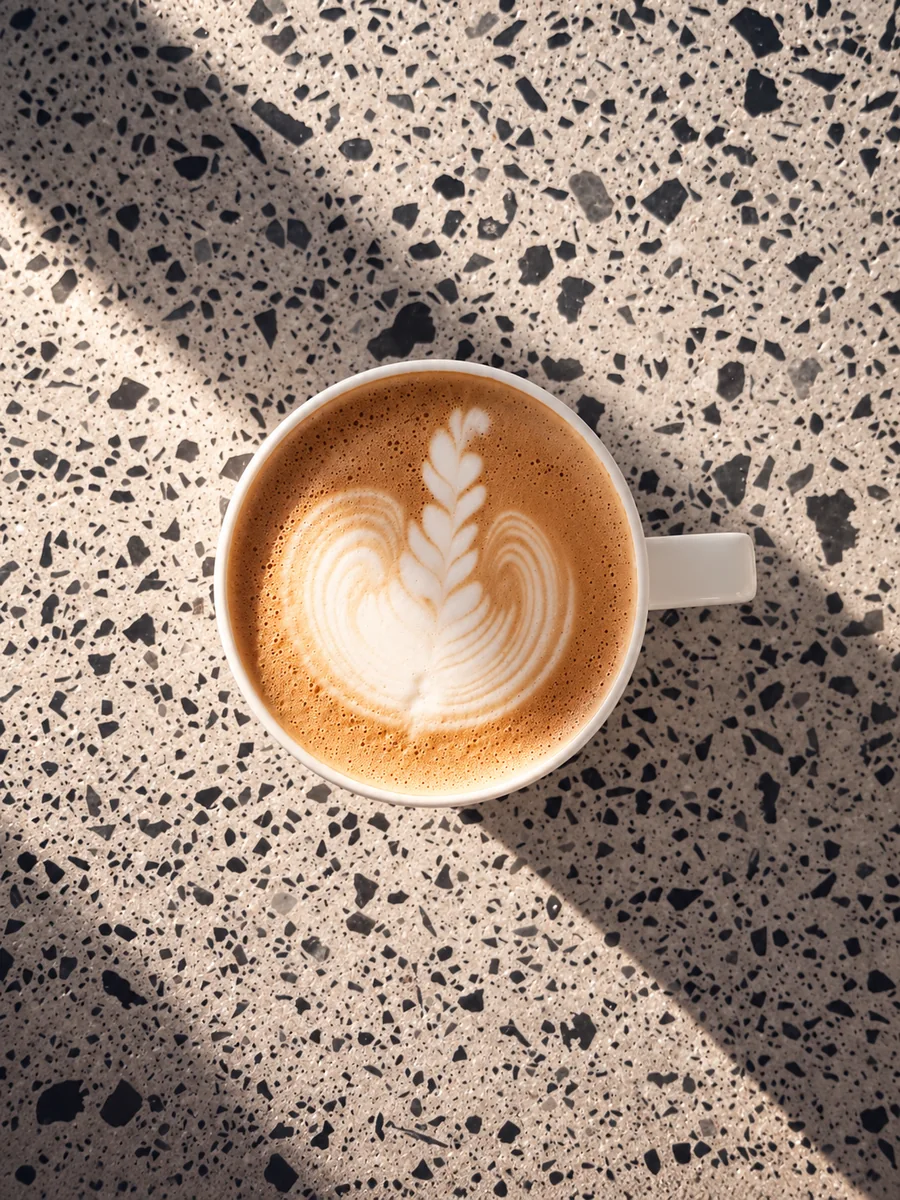 Latte art on a terrazzo table