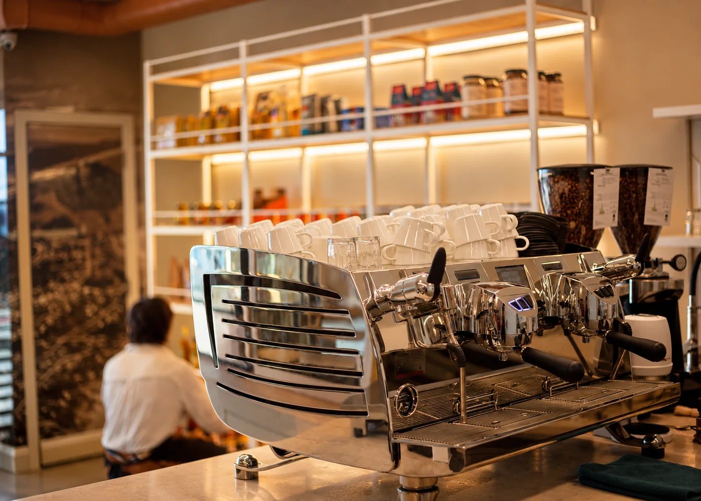 The espresso machine and stacked cups inside Three One One Six
